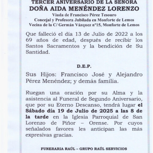 TERCER ANIVERSARIO DE LA SEÑORA DOÑA AIDA MENENDEZ LORENZO
