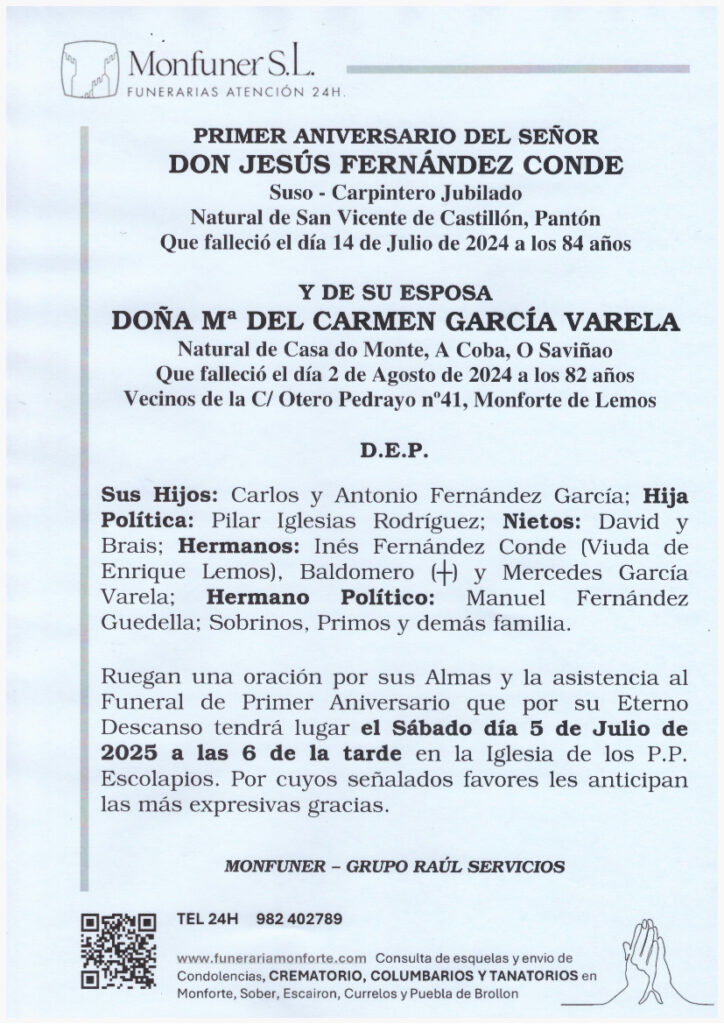 PRIMER ANIVERSARIO DE DON JESUS FDEZ CONDE Y Mª CARMEN GARCIA VARELA