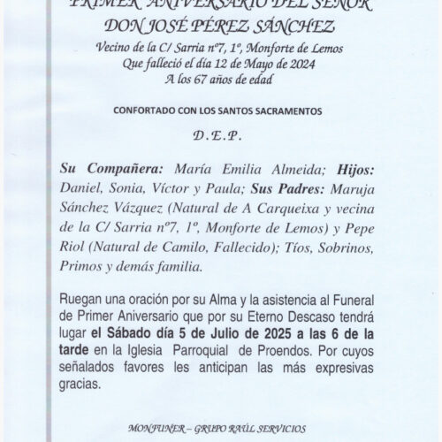 PRIMER ANIVERSARIO DE DON JOSE PEREZ SANCHEZ