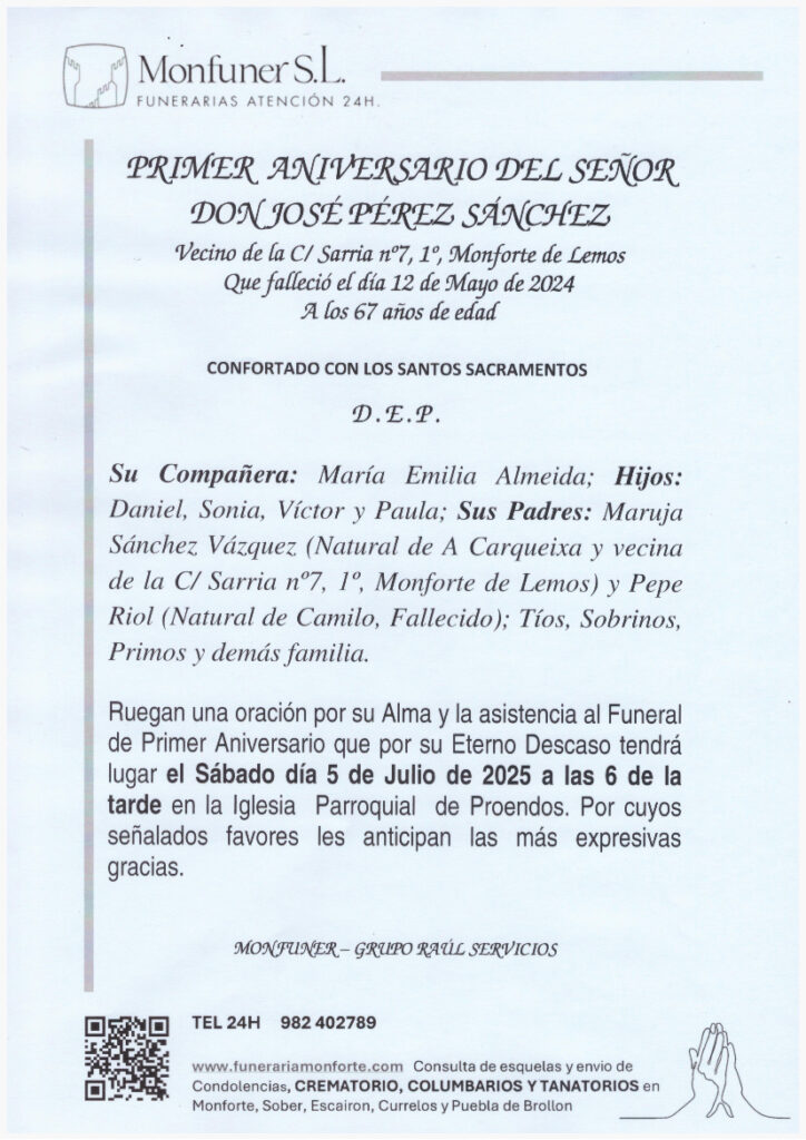 PRIMER ANIVERSARIO DE DON JOSE PEREZ SANCHEZ