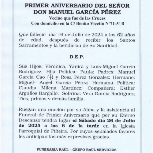 PRIMER ANIVERSARIO DE DON MANUEL GARCÍA PÉREZ