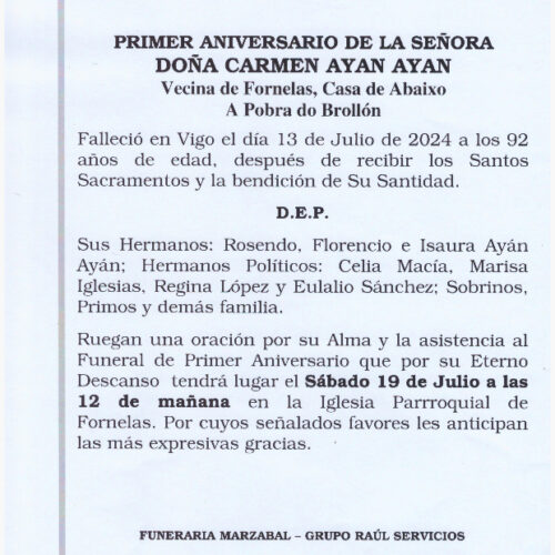PRIMER ANIVERSARIO DE LA SEÑORA DOÑA CARMEN AYAN AYAN