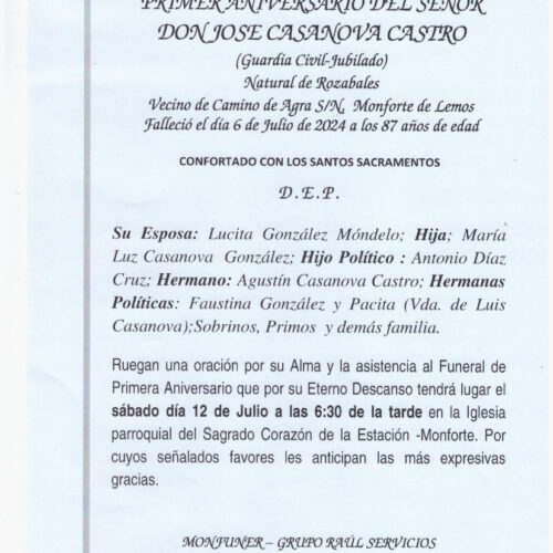 PRIMER ANIVERSARIO DEL SEÑON D. JOSE CASANOVA CASTRO