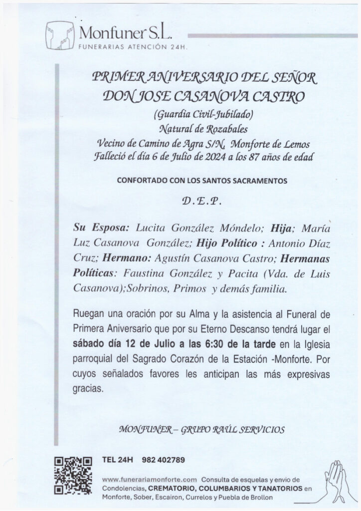 PRIMER ANIVERSARIO DEL SEÑON D. JOSE CASANOVA CASTRO