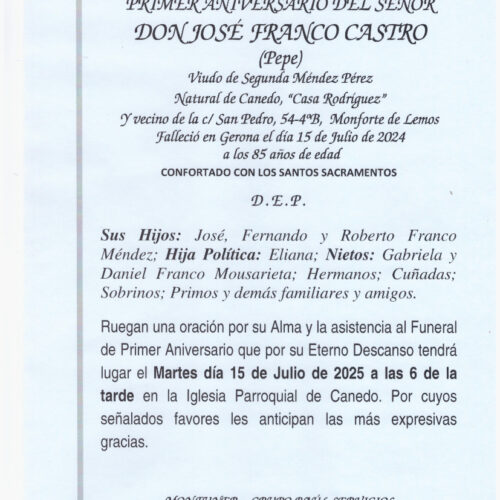 PRIMERA ANIVERSARIO DEL SEÑOR DON JOSE FRANCO CASTRO