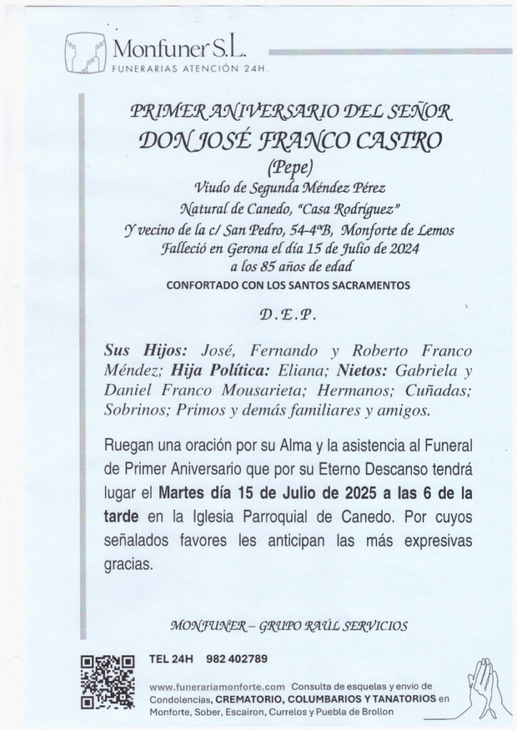 PRIMERA ANIVERSARIO DEL SEÑOR DON JOSE FRANCO CASTRO
