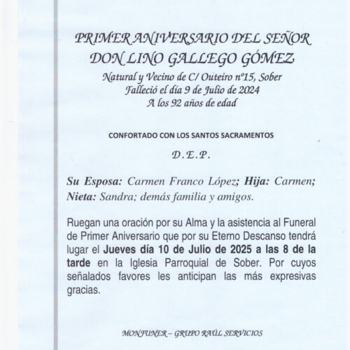 PRIMER ANIVERSARIO DE D. LINO GALLEGO GOMEZ