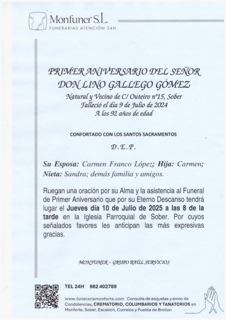 PRIMER ANIVERSARIO DE D. LINO GALLEGO GOMEZ