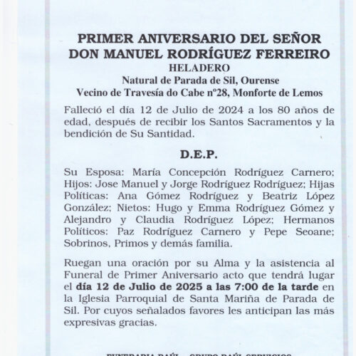 PRIMER ANIVERSARIO DEL SEÑOR DON MANUEL RODRIGUEZ FERREIRO