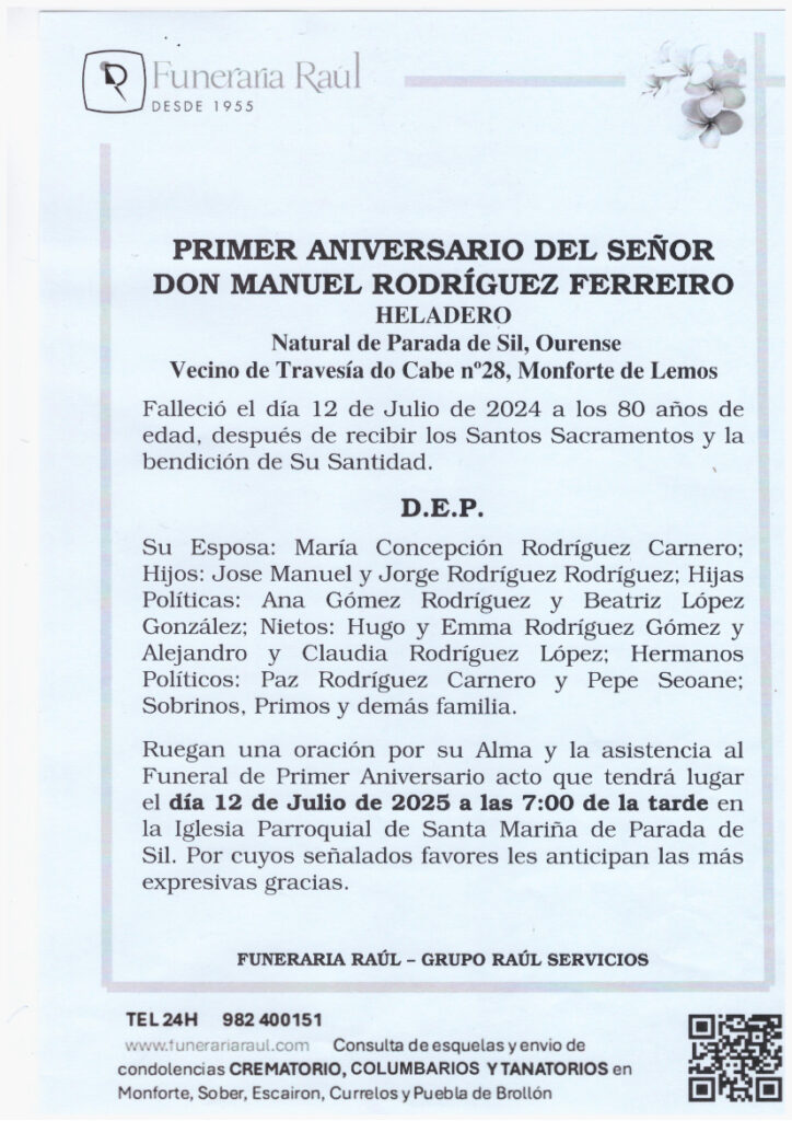 PRIMER ANIVERSARIO DEL SEÑOR DON MANUEL RODRIGUEZ FERREIRO