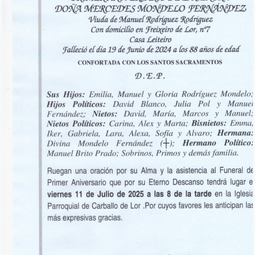 PRIMER ANIVERSARIO DE DOÑA. MERCEDES MONDELO FERNANDEZ