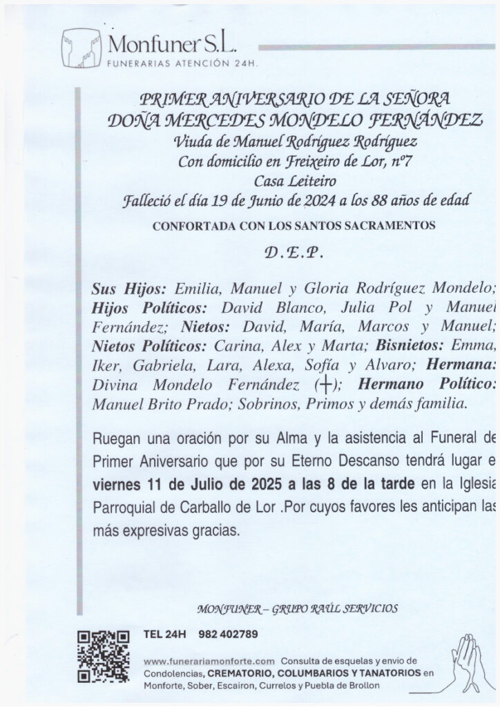 PRIMER ANIVERSARIO DE DOÑA. MERCEDES MONDELO FERNANDEZ