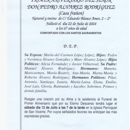 PRIMER ANIVERSARIO DEL SEÑOR D. PEDRO ALVAREZ RODRIGUEZ