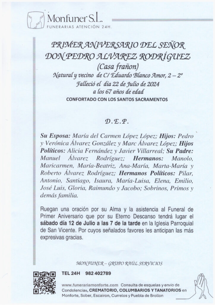 PRIMER ANIVERSARIO DEL SEÑOR D. PEDRO ALVAREZ RODRIGUEZ