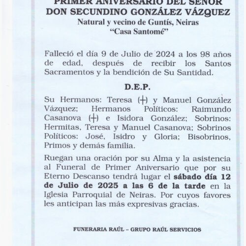 PRIMER ANIVERSARIO DEL SEÑOR D. SECUNDINO GONZALEZ VAZQUEZ