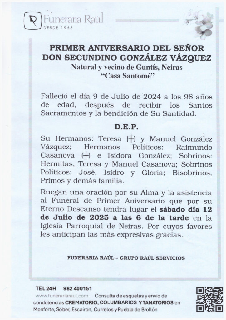 PRIMER ANIVERSARIO DEL SEÑOR D. SECUNDINO GONZALEZ VAZQUEZ