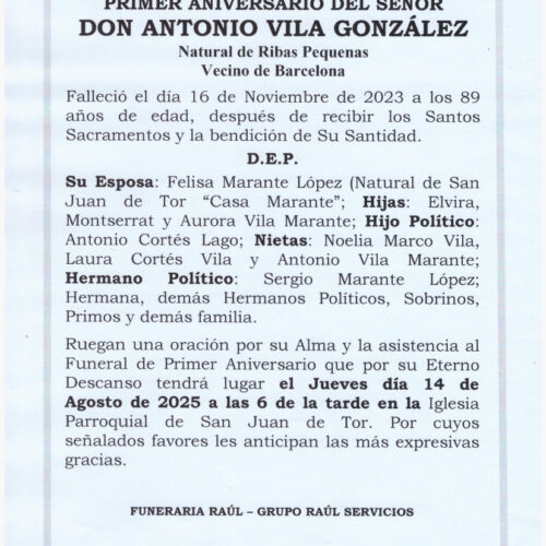 PRIMER ANIVERSARIO DEL SEÑOR DON ANTONIO VILA GONZALEZ