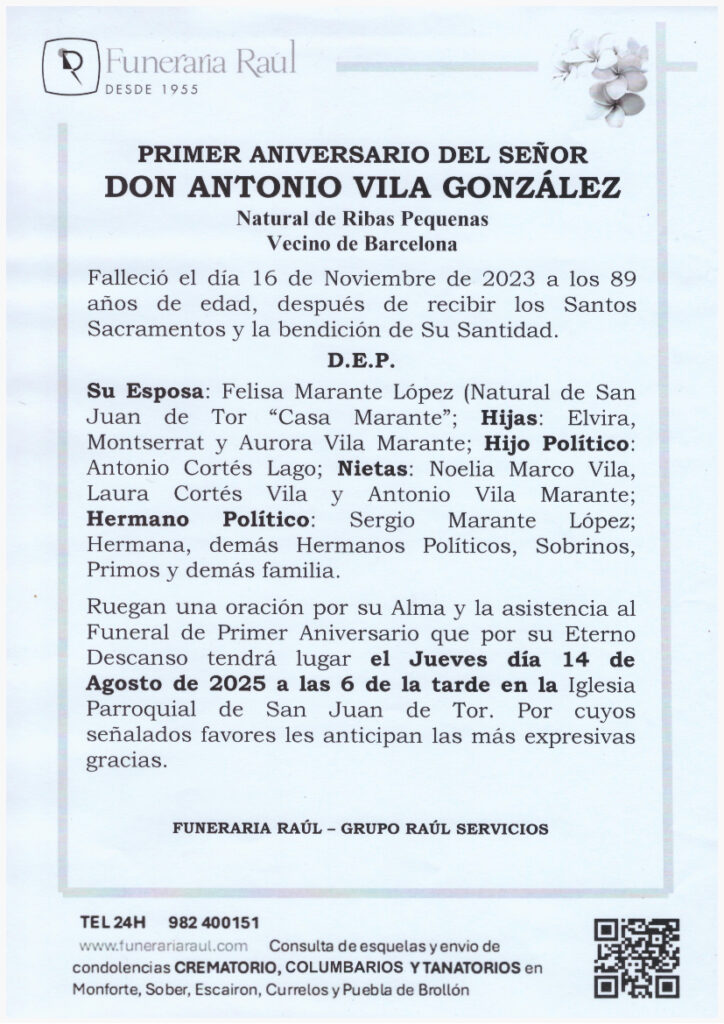 PRIMER ANIVERSARIO DEL SEÑOR DON ANTONIO VILA GONZALEZ
