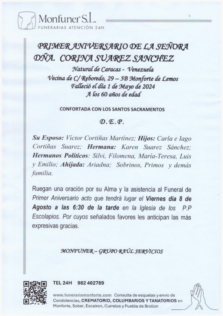 PRIMER ANIVERSARIO DE LA SEÑORA DOÑA CORINA SUAREZ SANCHEZ