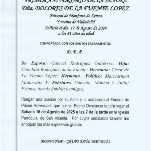 PRIMER ANIVERSARIO DE LA SEÑORA DOÑA DOLORES DE LA FUENTE LOPEZ