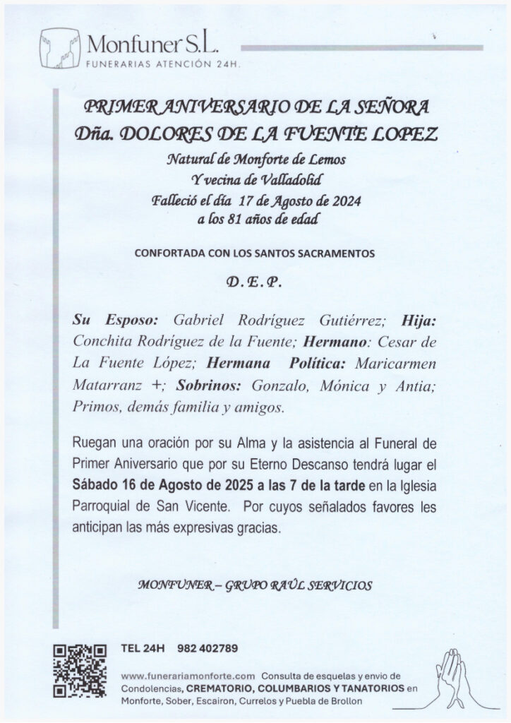 PRIMER ANIVERSARIO DE LA SEÑORA DOÑA DOLORES DE LA FUENTE LOPEZ