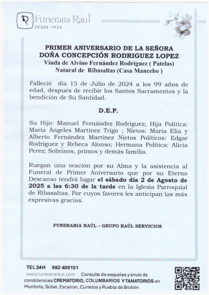 PRIMER ANIVERSARIO DE LA SEÑORA DOÑA CONCEPCION RODRIGUEZ LOPEZ