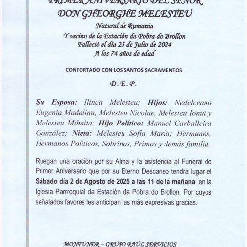 PRIMER ANIVERSARIO DEL SEÑOR DON GHEORGHE MELESTEU