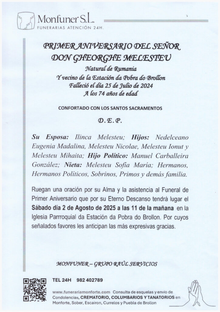 PRIMER ANIVERSARIO DEL SEÑOR DON GHEORGHE MELESTEU
