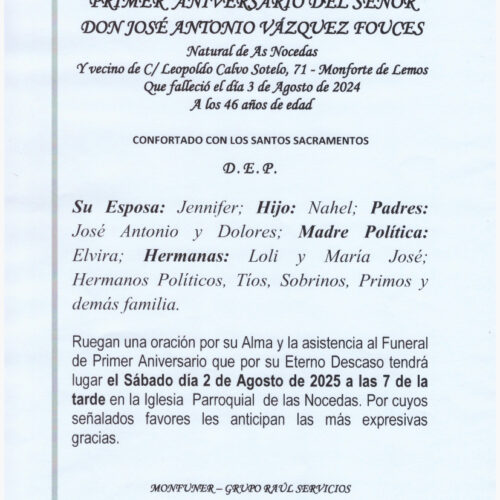 PRIMER ANIVERSARIO DEL SEÑOR DON JOSE ANTONIO VAZQUEZ FOUCES