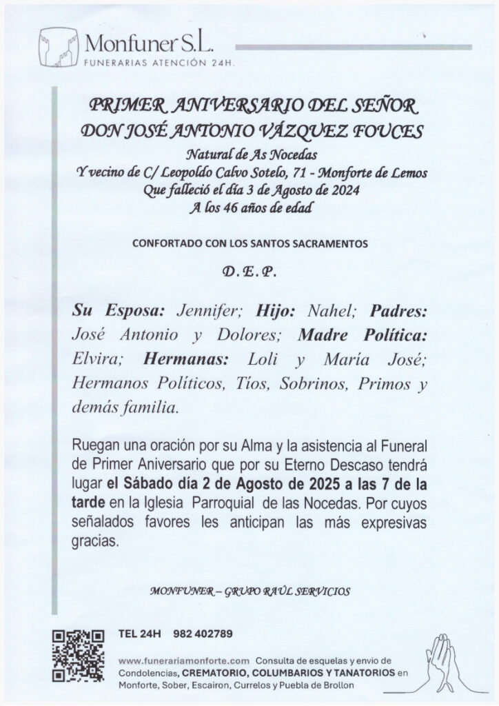 PRIMER ANIVERSARIO DEL SEÑOR DON JOSE ANTONIO VAZQUEZ FOUCES