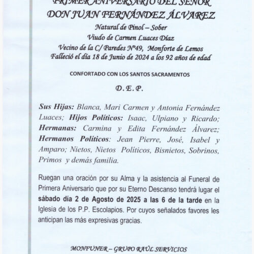 PRIMER ANIVERSARIO DEL SEÑOR DON JUAN FERNANDEZ ALVAREZ