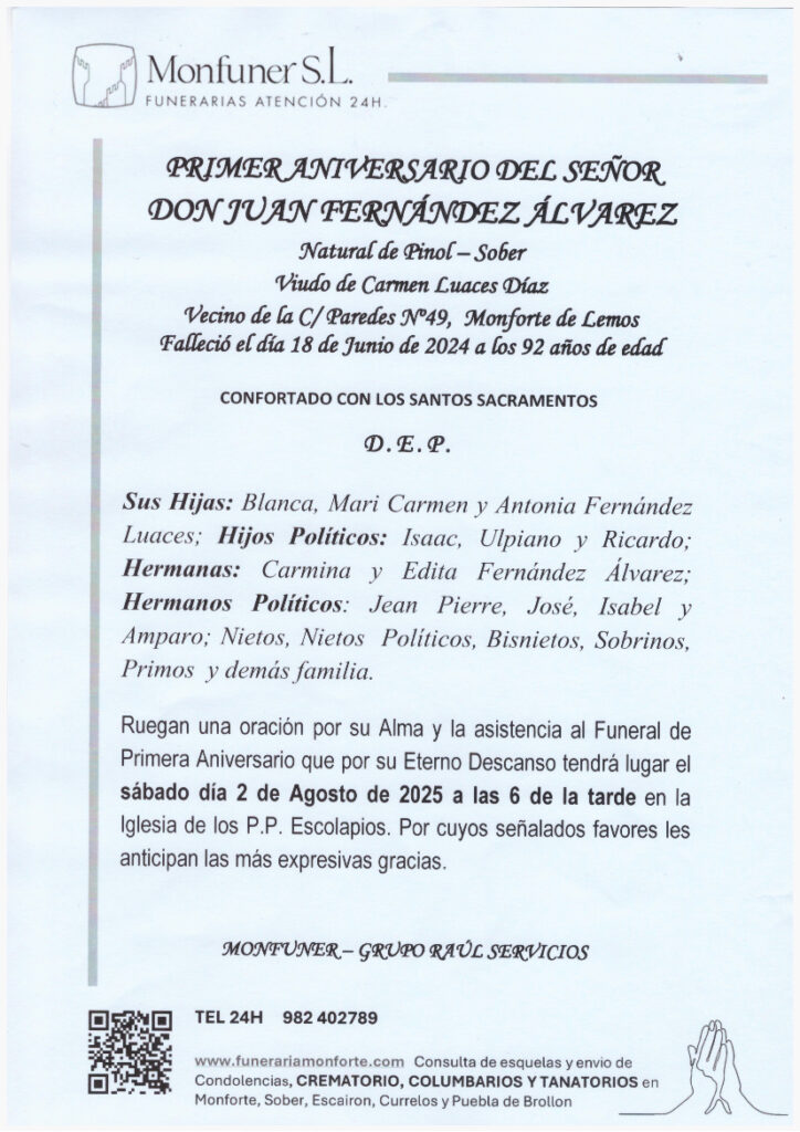 PRIMER ANIVERSARIO DEL SEÑOR DON JUAN FERNANDEZ ALVAREZ