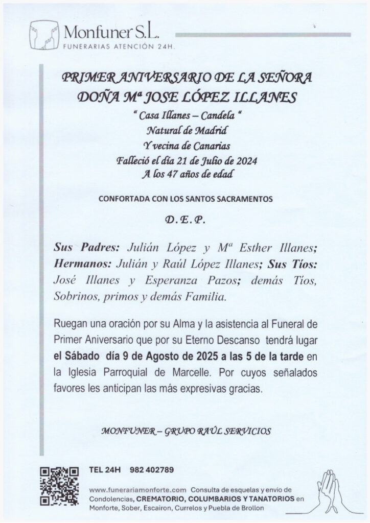 PRIMER ANIVERSARIO DE LA SEÑORA DOÑA Mª JOSE LOPEZ ILLANES