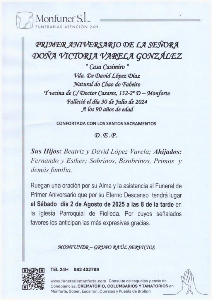 PRIMER ANIVERSARIO DE LA SEÑORA DOÑA VICTORIA VARELA GONZALEZ