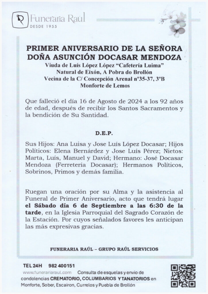 PRIMER ANIVERSARIO DE DOÑA ASUNCION DOCASAR MENDOZA
