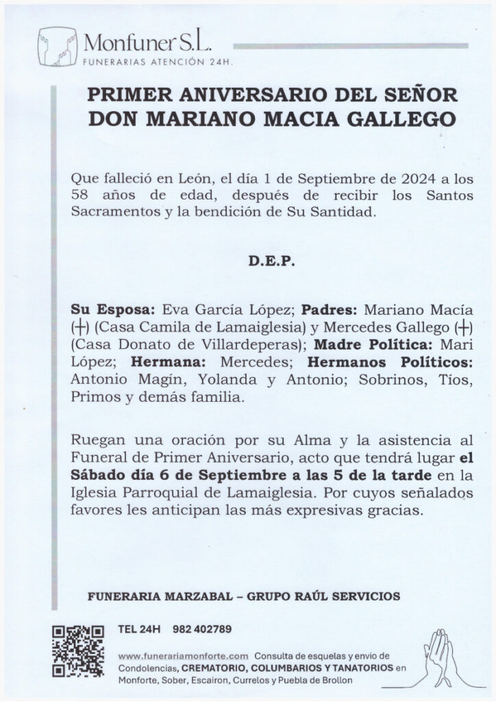 PRIMER ANIVERSARIO DE DON MARIANO MACIA GALLEGO