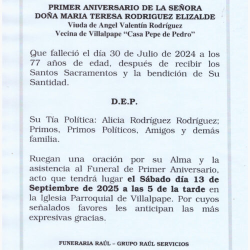 PRIMER ANIVERSARIO DE DOÑA Mª TERESA RODRÍGUEZ ELIZALDE