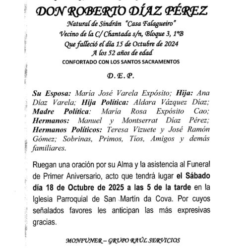 PRIMER ANIVERSARIO DE DON ROBERTO DIAZ PEREZ