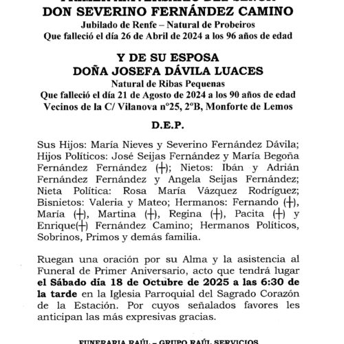 PRIMER ANIVERSARIO DE DON SEVERINO FERNANDEZ Y DOÑA JOSEFA DAVILA