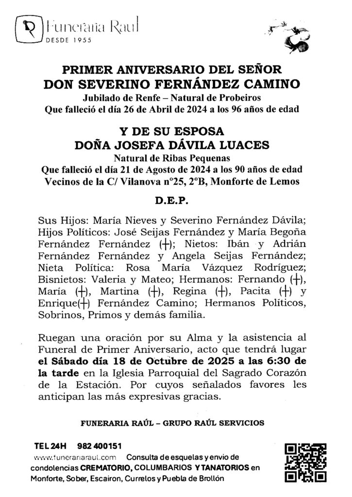 PRIMER ANIVERSARIO DE DON SEVERINO FERNANDEZ Y DOÑA JOSEFA DAVILA