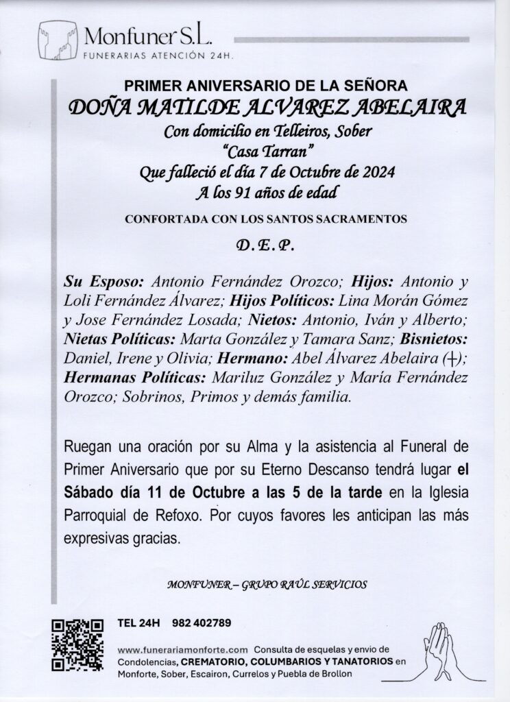 PRIMER ANIVERSARIO DE DOÑA MATILDE ALVAREZ ABELAIRA