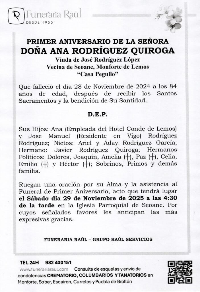 PRIMER ANIVERSARIO DE DOÑA ANA RODRIGUEZ QUIROGA