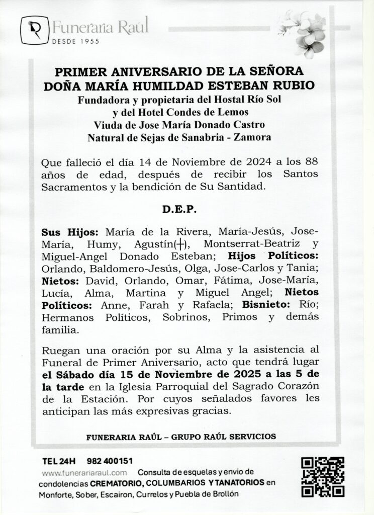 PRIMER ANIVERSARIO DE DOÑA Mª HUMILDAD ESTEBAN RUBIO