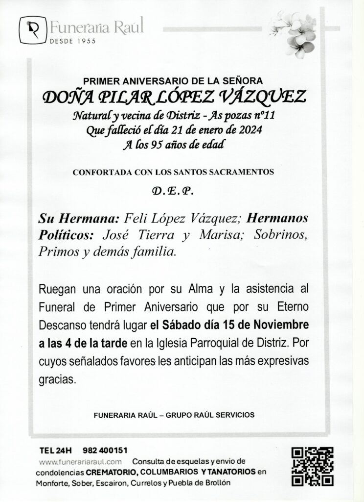 PRIMER ANIVERSARIO DE DOÑA PILAR LOPEZ VAZQUEZ