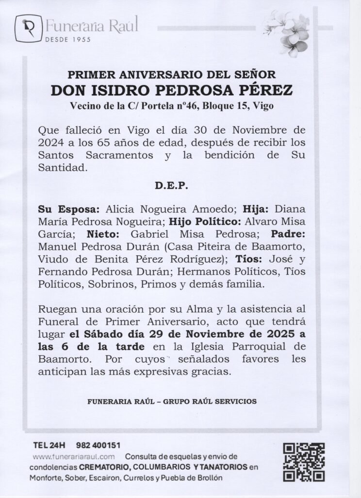 PRIMER ANIVERSARIO DE DON ISIDRO PEDROSA PEREZ