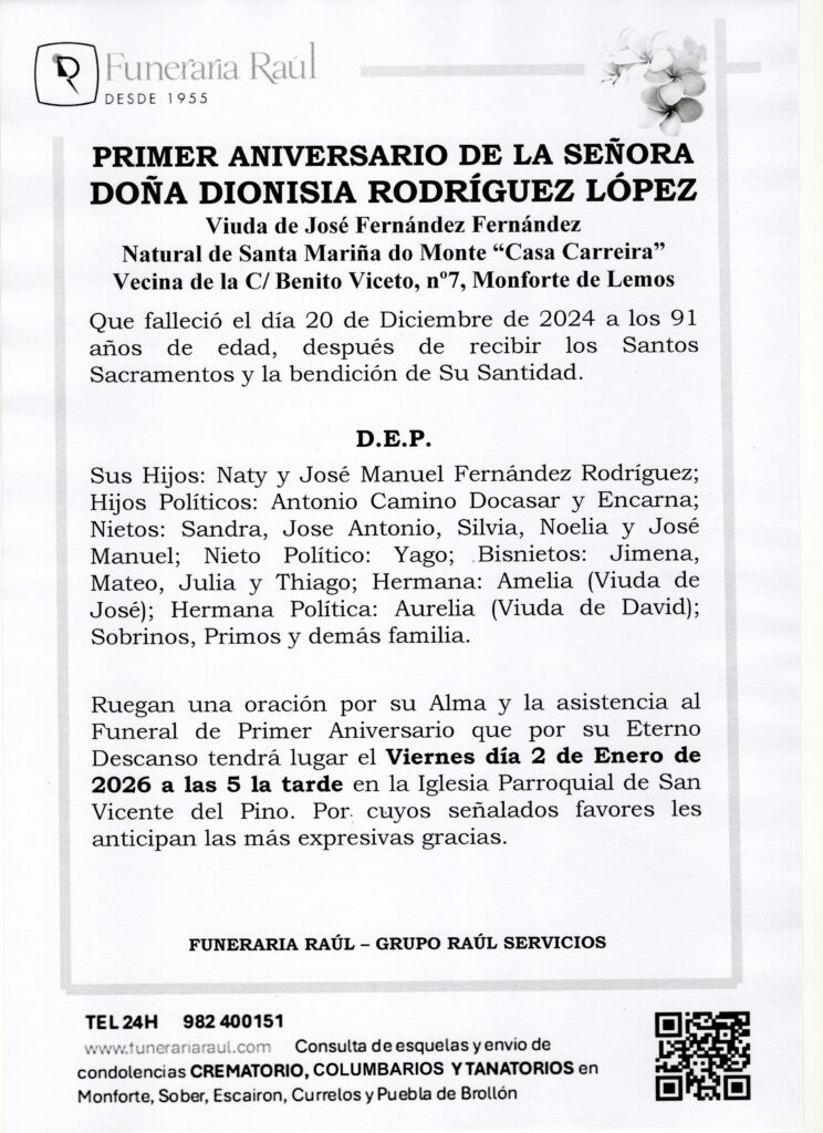 PRIMER ANIVERSARIO DE DOÑA DIONISIA RODRÍGUEZ LÓPEZ
