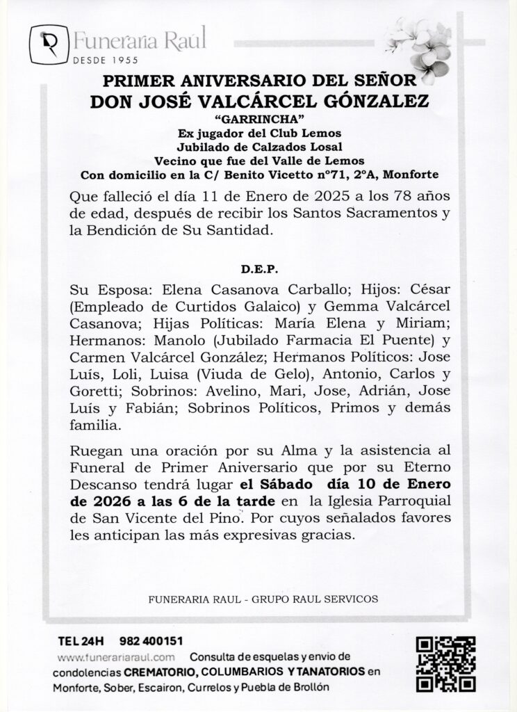 PRIMER ANIVERSARIO DE DON JOSE VALCARCEL GONZALEZ