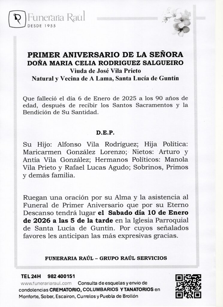 PRIMER ANIVERSARIO DE DOÑA Mª CELIA RODRIGUEZ SALGUEIRO