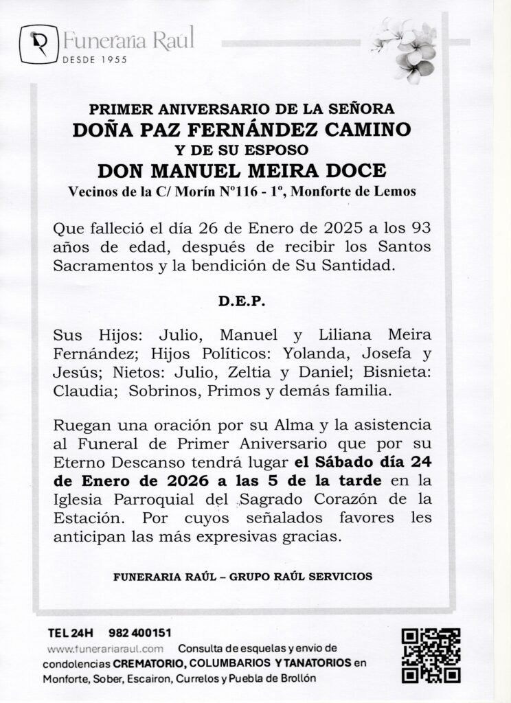 PRIMER ANIVERSARIO DE DOÑA PAZ FERNANDEZ CAMINO