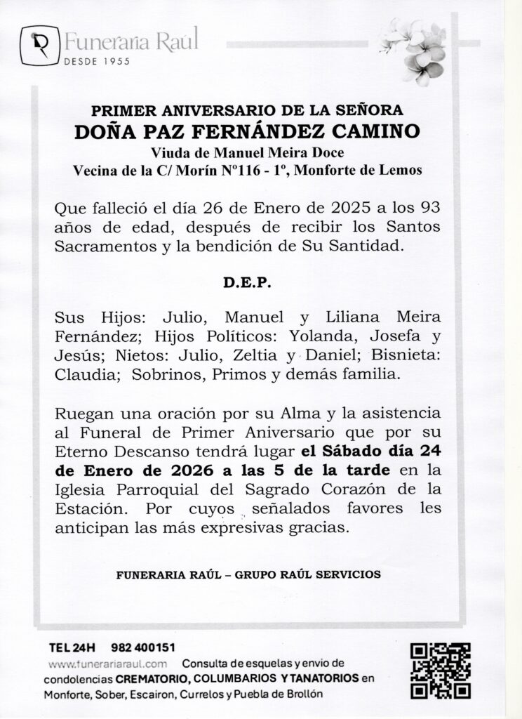 PRIMER ANIVERSARIO DE DOÑA PAZ FERNANDEZ CAMINO